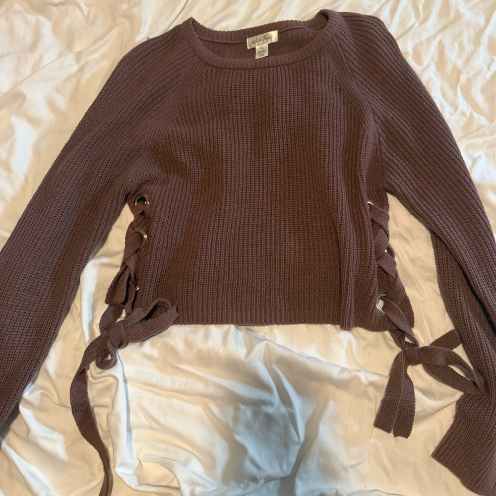 Long sleeve purple sweater with ties on the side